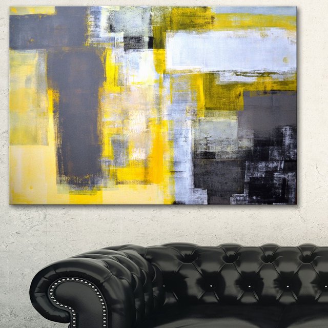Design Art Grey And Yellow Blur Abstract Abstract Canvas Art Print, a 40 by 30 inch gallery wrapped cotton canvas featuring layered grey, yellow, white, and black rectangular shapes with textured brush strokes, ready to hang with included hardware, designed and made in Canada, suitable for modern home or office décor.