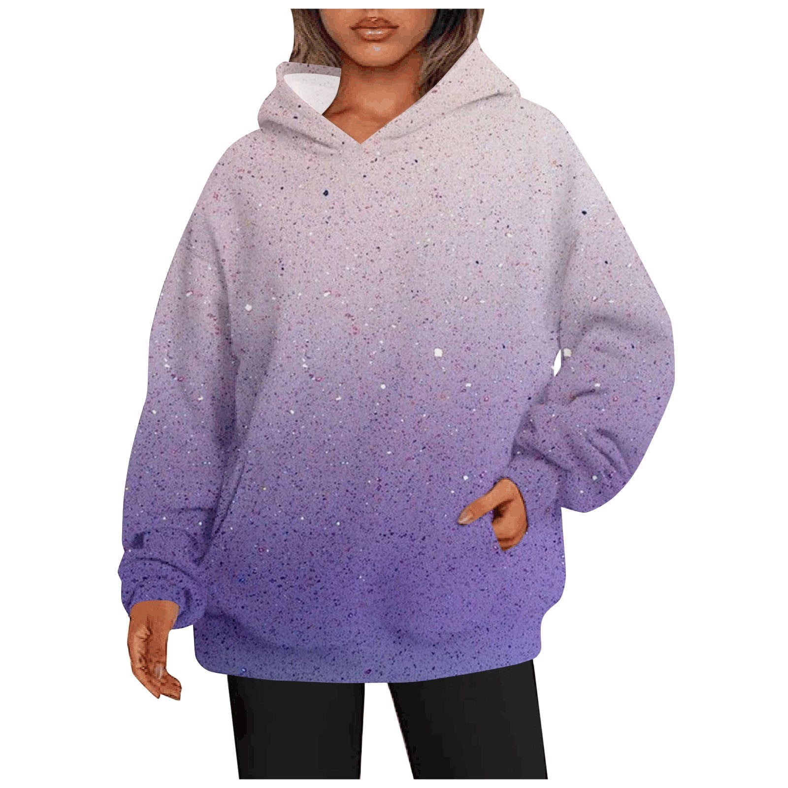 Ladies Autumn And Winter Print Long Sleeve Large Pocket Pullover Casual Hoodie Womens Light Weight Sweat Shirts Hooded Zip up Sweatshirt Women Sweatshirt Hoodies for Women Hoodie Sweatshirts Purple M