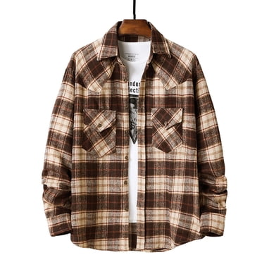 LOVZFMLL Vestes pour Hommes en Flanelle à Carreaux Col Rabattu Décontracté Manches Longues Boutons Manteau Chemise
