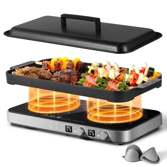 Sunmaki Portable Double Induction Cooktop with Removable Griddle Pan Non-stick, 1800W 2 burner Induction Hot Plate with Sensor Touch 9 Power Levels, 99 Min Timer,Great for Family Party
