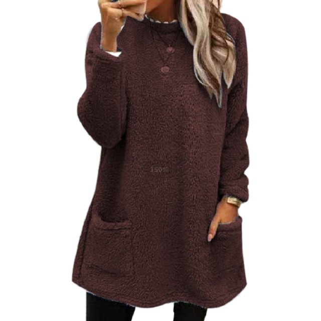 LUXUR Women Fuzzy Fleece T Shirt Loose Work Tops Brown S