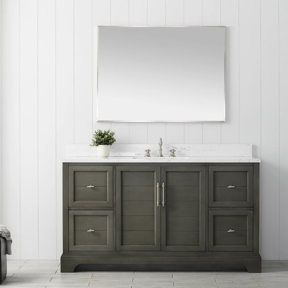 Vanity Art 60 Inch Single Sink Bathroom Vanity with Ceramic Sink and Engineered Marble Top, Without Mirror