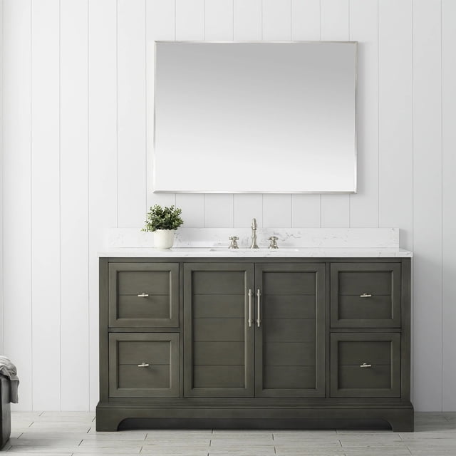 Vanity Art 60 Inch Single Sink Bathroom Vanity with Ceramic Sink and Engineered Marble Top, Without Mirror