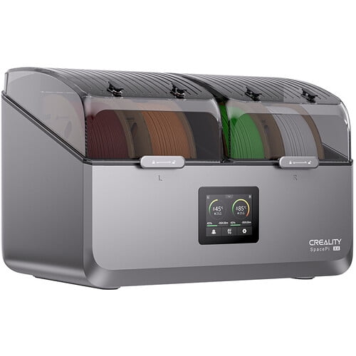 Creality SpacePi X4 Filament Dryer with dual 200W heating chambers and transparent lids, drying and feeding up to four 3D printer filament spools simultaneously, featuring a digital touchscreen and matte gray finish, suitable for moisture-sensitive filaments.