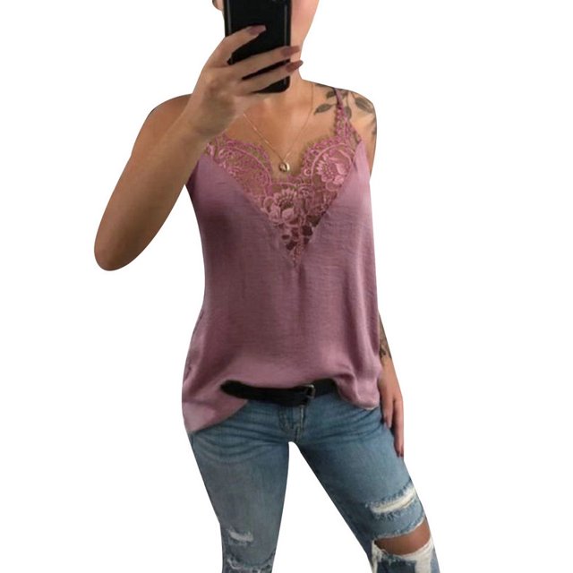 DYMADE Women Lace Patchwork V Neck Spaghetti strap Sexy Vest Top