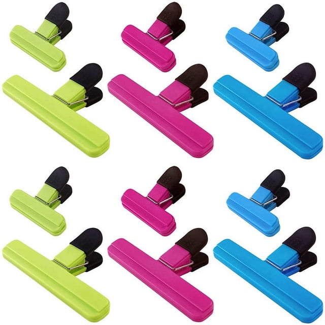 Vaidha Chip Bag Clips Heavy Duty Food Clips in assorted colors, including green, pink, and blue, with soft non-slip rubber handles. Designed for kitchen organization, these clips are made of food-grade ABS, metal, and rubber. Includes 6 large clamps and 6 small clamps, ideal for sealing bags, food storage, and organizing papers.