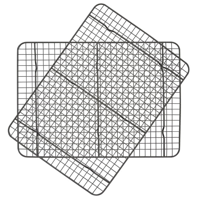 Taste of Home 3069 set of 2 non-stick metal cooling racks, each 17.5 x 12.5 inches, ash gray coated carbon steel with narrow wire grid and raised feet for airflow, ideal for cooling baked goods evenly.