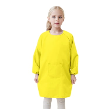 GDREDA Girl Clothes Kids Art Smock Apron With Pocket For Children Artist Painting Aprons Smocks With Long Sleeve Girl's Swim Tops Yellow,4-8 Years