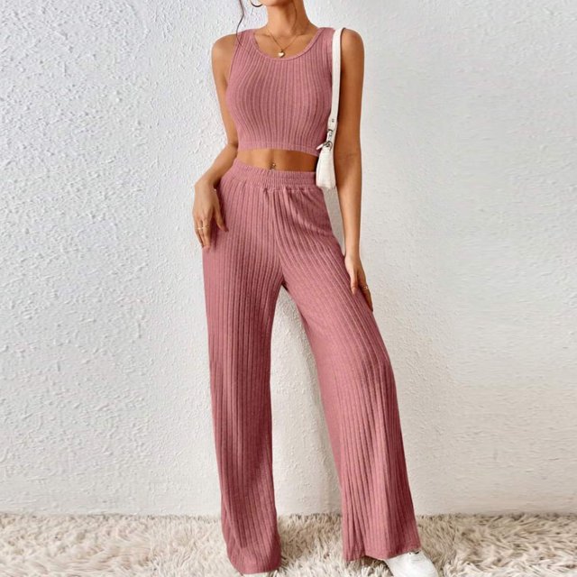 Meichang Womens Ribbed Kniited Outfits Solid Color Lounge Sets Slim Fit Sleeveless Tank Tops and Elastic Waisted Wide Leg Pants Sets