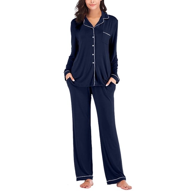 Ensembles de Pyjamas pour Femmes en Modal à Manches Longues Vêtements de Nuit Bleu Marine G