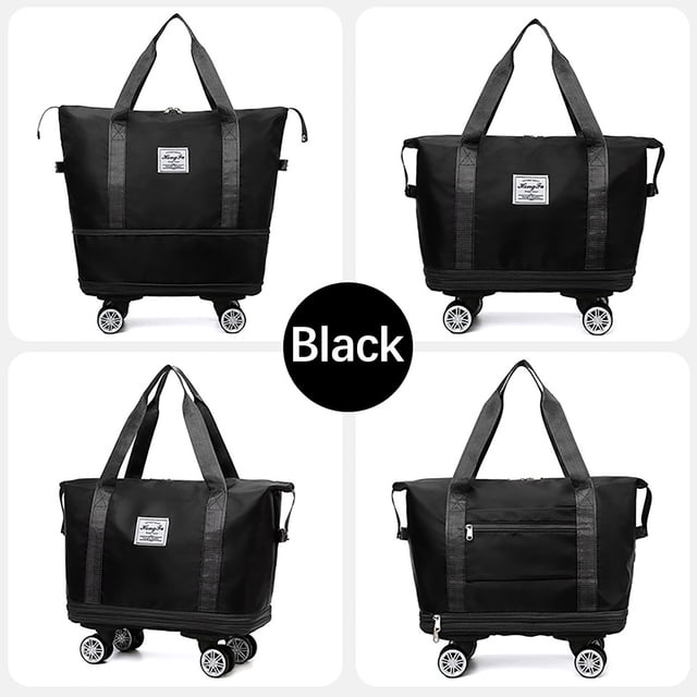 Kcavykas Clearance Sales Home Storage Organiser Universal Wheel Travel Bag in black, designed for sports, gym, and travel. Features a large capacity, foldable waterproof Oxford fabric, four universal wheels, multiple pockets, and a wet and dry separation compartment. Ideal as a sports duffel bag or team travel bag.