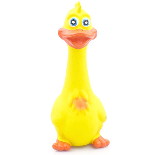 Dog Squeaky Chew Toys For Aggressive Chewers Latex Duck Interactive Toy. A yellow latex duck-shaped chew toy with orange beak and feet, designed for dogs. Made from non-toxic, durable natural latex, it features a squeaky sound to engage pets and improve intelligence. Suitable for dental hygiene and anxiety reduction. Dimensions: 19x7cm, optional colors include yellow, brown, and black.