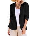 thumbnail image 1 of IMENGL Linen Casual 3/4 Stretchy Ruched Sleeve Lightweight Work Office Jacket, Black L, Size M-5XL, 1 of 9