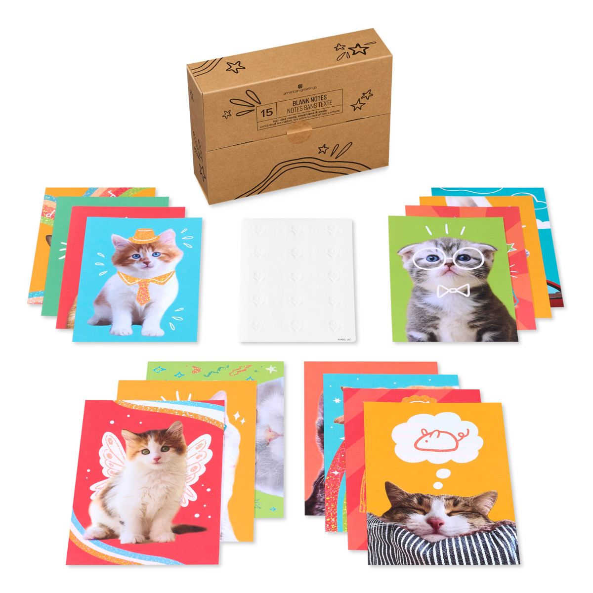 American Greetings - Assortiment en boîte de 15 cartes sans texte et enveloppes, Chats rigolos