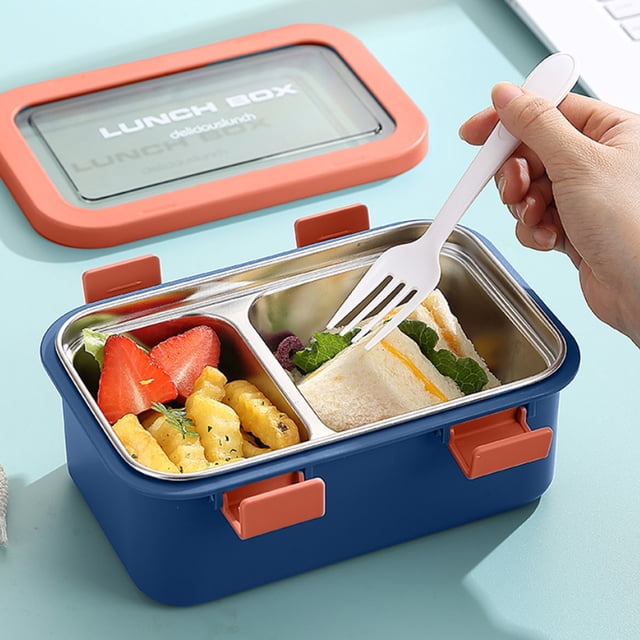 EGNMCR Lunch Box Compartment Lunch Box with stainless steel insulation and two compartments for separating food, shown in a blue and orange design with a transparent lid. A hand holds a white fork, ready to eat a meal of strawberries, fries, and a sandwich. Lightweight and leak-proof, ideal for office workers, students, and travel.