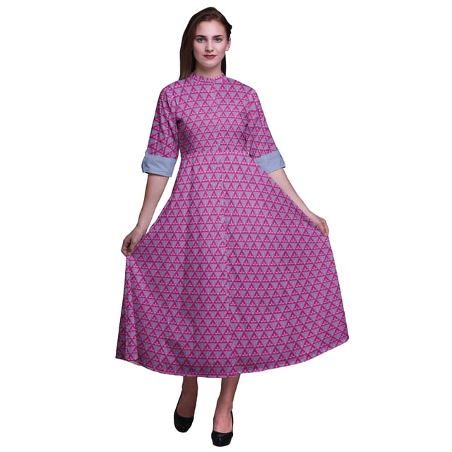 Bimba Robe Anarkali Géométrique Rose Fuchsia Col Mandarin Sans Manches Kurtis pour Femmes Imprimé Robe Maxi XXX-Large