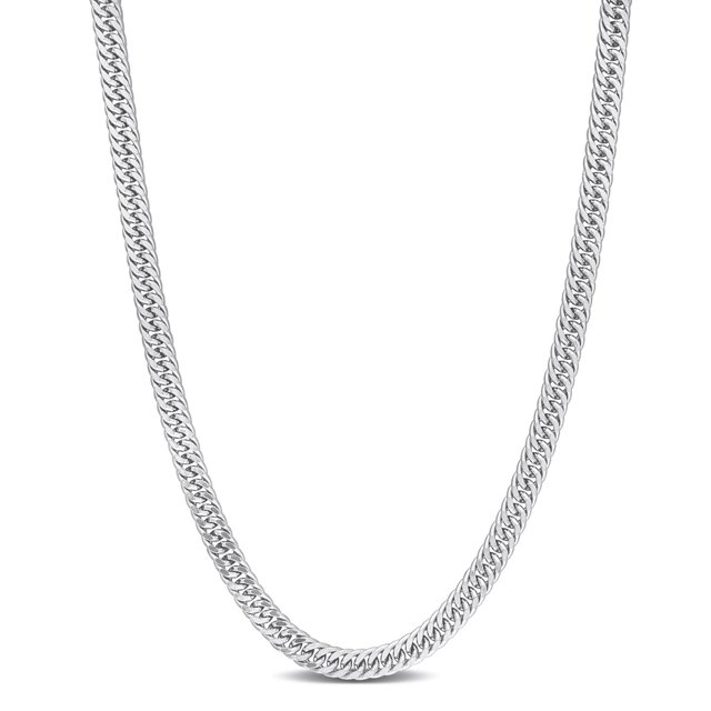 Miabella Sterling Silver Double Fancy Curb Link Necklace in a centered front view, featuring a 4mm wide double fancy curb link chain crafted in high polish sterling silver with a lobster clasp, made in Italy, suitable for layering or statement wear.