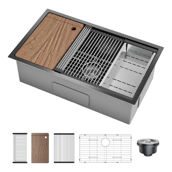 Bingirl 32x19 Inch 16 Gauge Stainless Steel Single Bowl Modern Top Mount Undermount Kitchen Sink with Cutting Board for Bar (Black, Faucet Not Included)