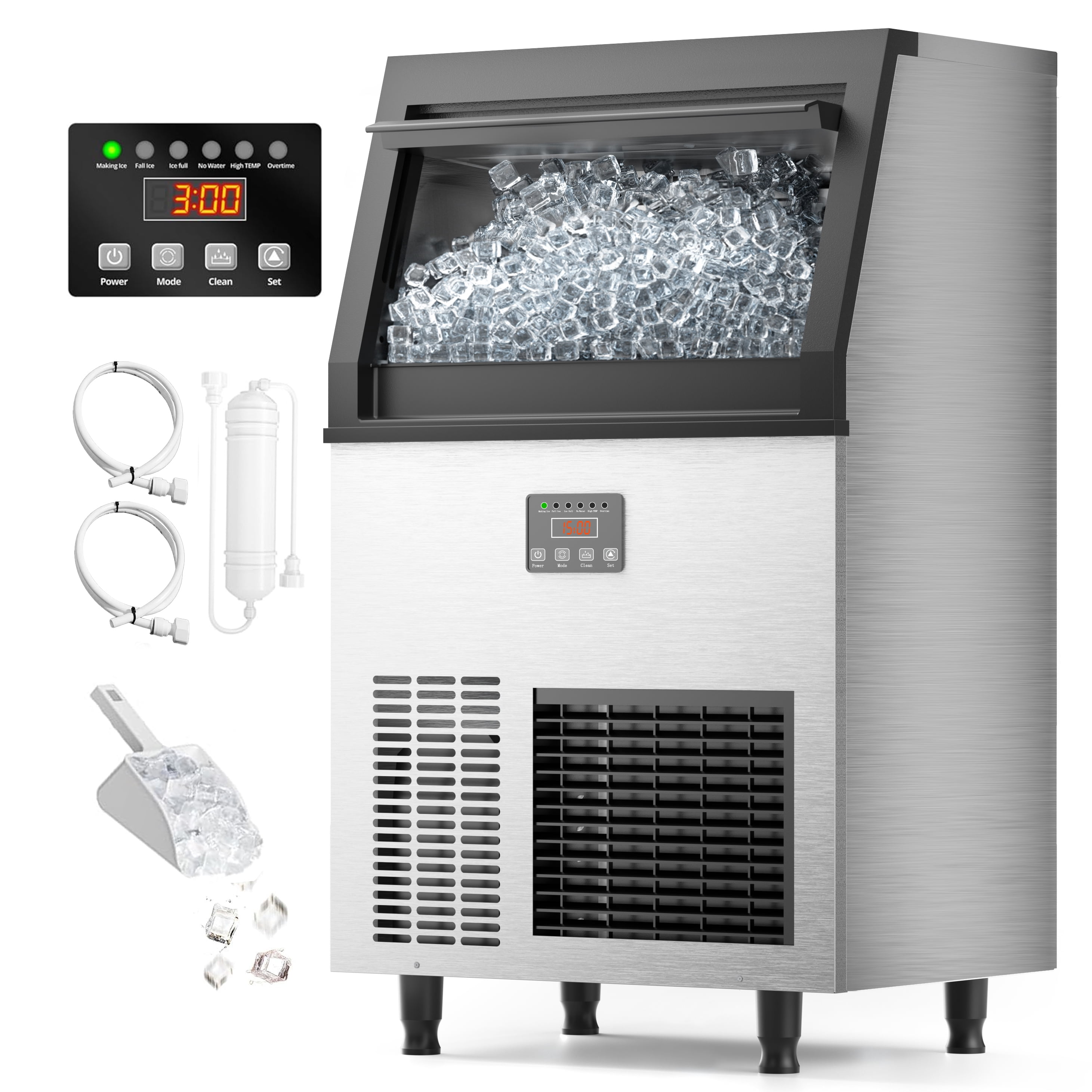 COOLAKE Commercial Ice Maker Machine 130lbs/24H, Under Counter Ice Machine with 34lbs Storage, 115V Air Cooled Stainless Steel Freestanding Ice Maker for Home Outdoor