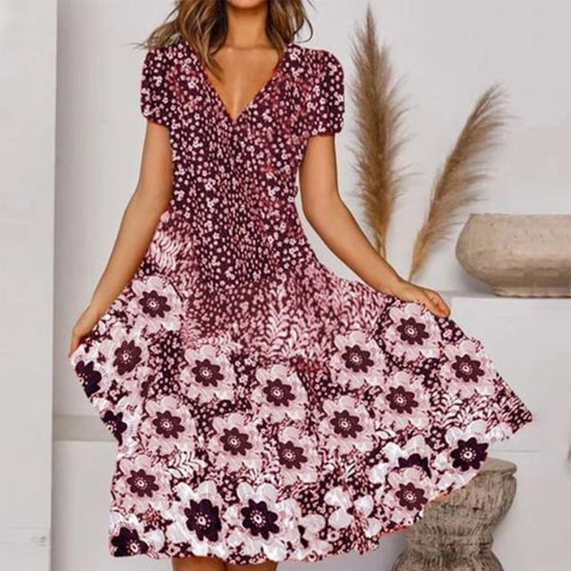 Pisexur Robe à Manches Courtes à Col en V pour Femme, Été, Imprimé Floral, Manches Courtes, Col en V, Robes à Empiècements en Dentelle, Mode, Robe à Jupe Longue, Robe pour Femme