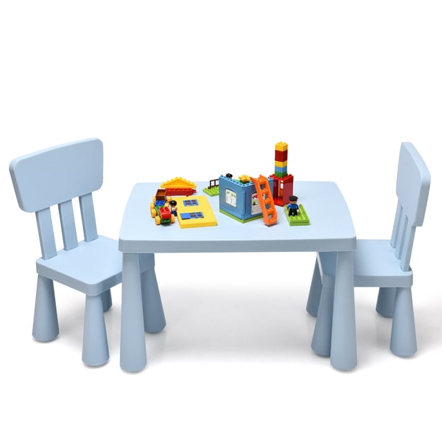 Gymax Kids Table & 2 Chairs Set in blue, designed for toddlers aged 1-7 years. The set includes a spacious 30'' x 21'' x 19'' table and two ergonomic chairs with backrests, made of non-toxic PP material. Ideal for activities like arts, crafts, dining, and studying. The table features a smooth surface and rounded edges for safety, while the lightweight chairs ensure easy mobility. Shown with colorful building blocks on the tabletop.
