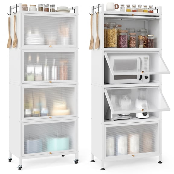 Costway 5-Tier Kitchen Baker's Rack Storage Cabinet Mobile Microwave Stand Flip-up Doors White