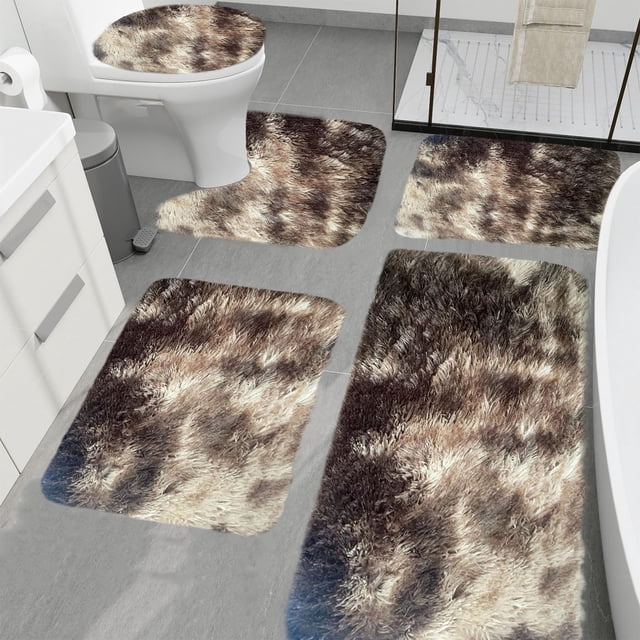 LSLJS Mixed Colors Bath Mats 5 Set Bathroom Rugs for 5PCS Toilet Mats Universal Soft Comfortable Water Absorption Non-Slip Thick Machine Washable Easy Dry Dark Color Home Accessories. The set includes five velvet fleece mats in mixed brown tones, featuring a plush texture and non-slip latex backing. Designed for various bathroom areas, the set includes a toilet mat, bath mat, and floor mats. The mats are machine washable and shown in a modern bathroom with a toilet, sink, and shower.