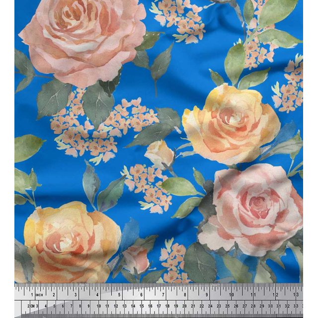 Soimoi Cotton Voile Fabric Leaves & Rose Flower Printed Craft Fabric by the Yard 56 Inch Wide