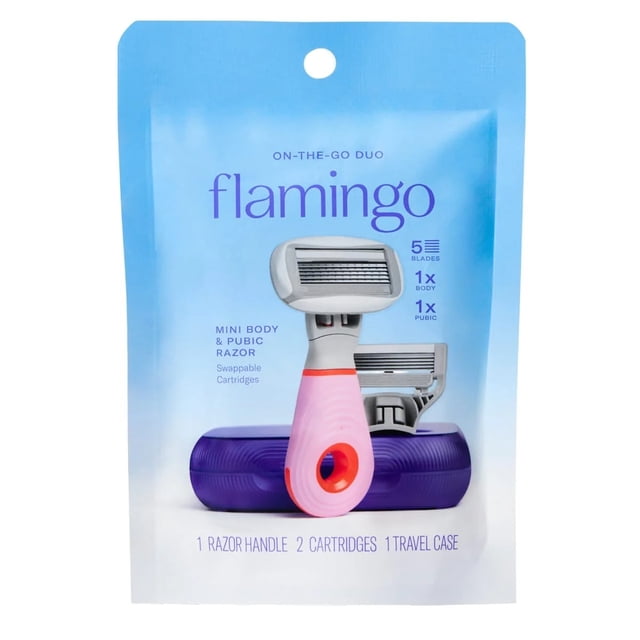 Flamingo Travel Women's Razor Kit with Mini Handle, 1 Original Blade Cartridge, 1 Pubic Blade Cartridge and Vented Case