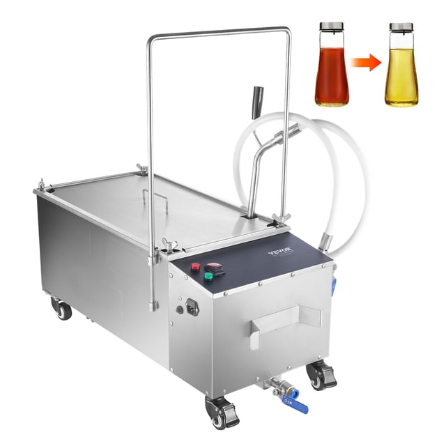 VEVOR Filtre de Friteuse Mobile avec une Capacité de Réservoir d'Huile de 55 L et une Vitesse de filtration de 10 L/min. le Système Présente un Corps durable en Acier Inoxydable 304, un Tuyau d'Huile Résistant aux Hautes Températures et une Poignée Anti-Brûlure. Il Comprend un Système de filtration à Quatre Couches pour Enlever Plus de 98 % des Impuretés d'Huile. l'Unité Est Équipée de Roulettes Pivotantes pour la Mobilité et un design compact Convenant aux Cuisines Commerciales.
