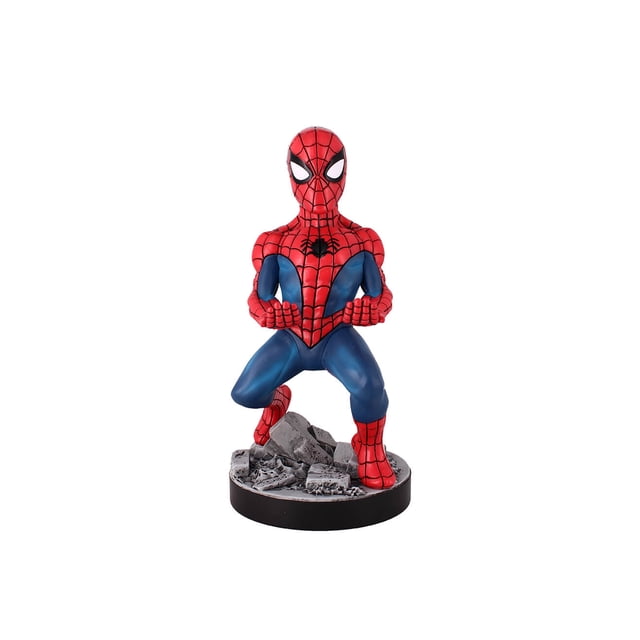 Exquisite Gaming Marvel: The Amazing Spider-Man Cable Guy Original Controller and Phone Holder centered front view of an 8"/21cm Spider-Man collectible posed as a controller and smartphone stand; red-and-blue textured suit with visible webbing pattern, sculpted mask and torso details, outstretched hands forming a cradle, weighted round base for stability on a plain white background. Phone and controller sold separately; often used to hold controllers, smartphones or TV remotes.