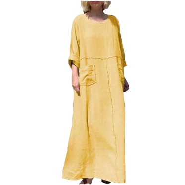cfhntfmh Cotton Linen Dresses for Women Casual Crewneck Long Sleeve Long Maxi Dress with Pockets Plus Size Flowy Beach Dress