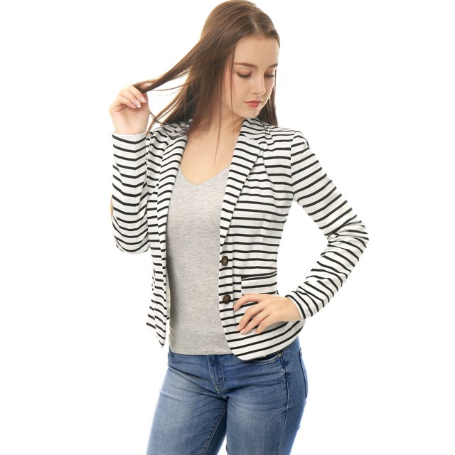 INSPIRE CHIC Blazer à Rayures pour Femme à Revers Cranté, Manches Longues, Boutonné, m Blanc
