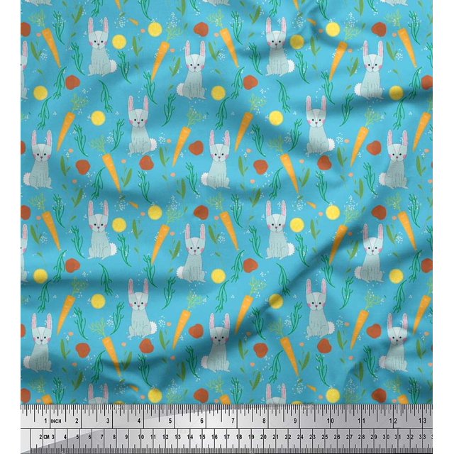 Soimoi Poly Georgette Fabric Leaves,Carrot & Rabbit Kids Printed Fabric 1 Yard 42 Inch Wide