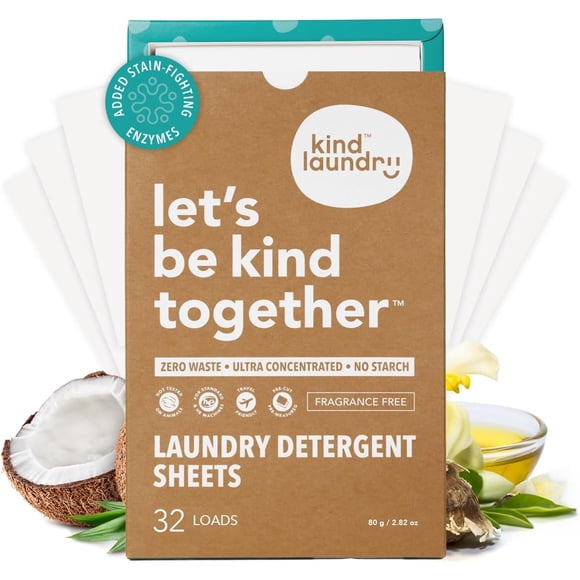 Feuilles de Détergent à Lessive Kind avec Enzymes Anti-Taches - Feuilles de Savon à Lessive Écologiques à Base de Plantes - Détergent à Lessive pour la Maison Ou les Voyages Sans Parfum, 32 Brassées (Lauréat du Prix Mom's Choice)