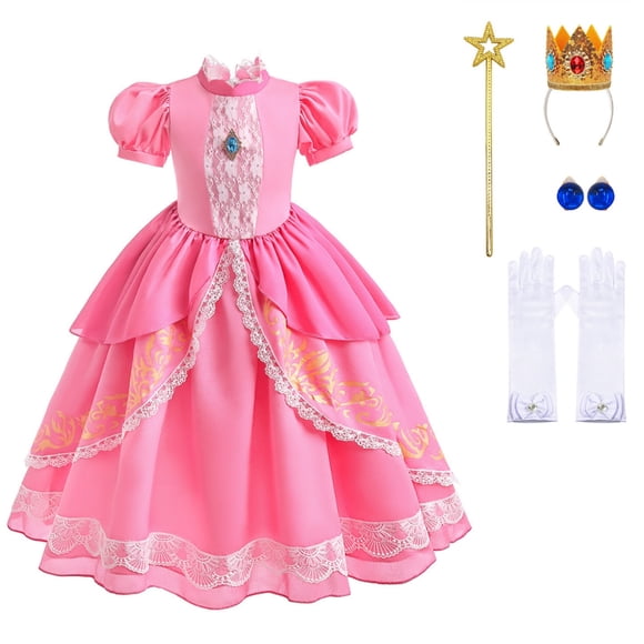 Princess Peach Costume Dress for Kids Girls Dress Up & Crown Wand Earrings Accessories Halloween Cosplay