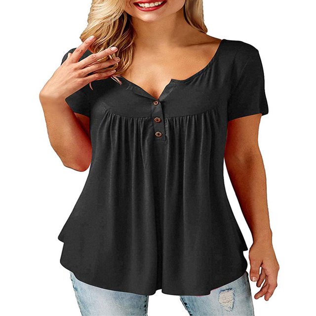 CHOK Women T Shirts Short Sleeve Round Neck Button Up Tunic Tops (White XL)