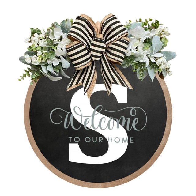 Pancarte de Couronne Personnalisée en Bois avec Monogramme pour Porte d'Entrée