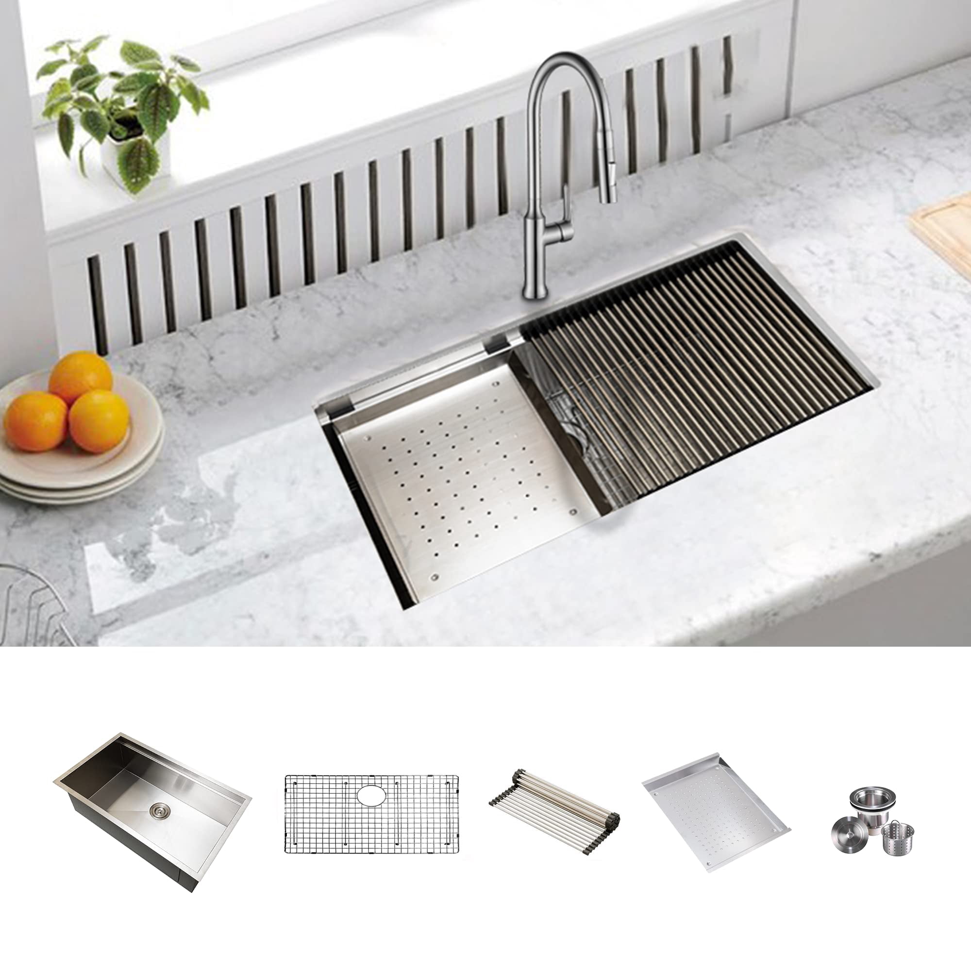 32 Inch KABCO 16 Gauge Large Deep Modern Single Bowl Undermount Stainless Steel Workstation Kitchen Sink Work Station Sink Combo