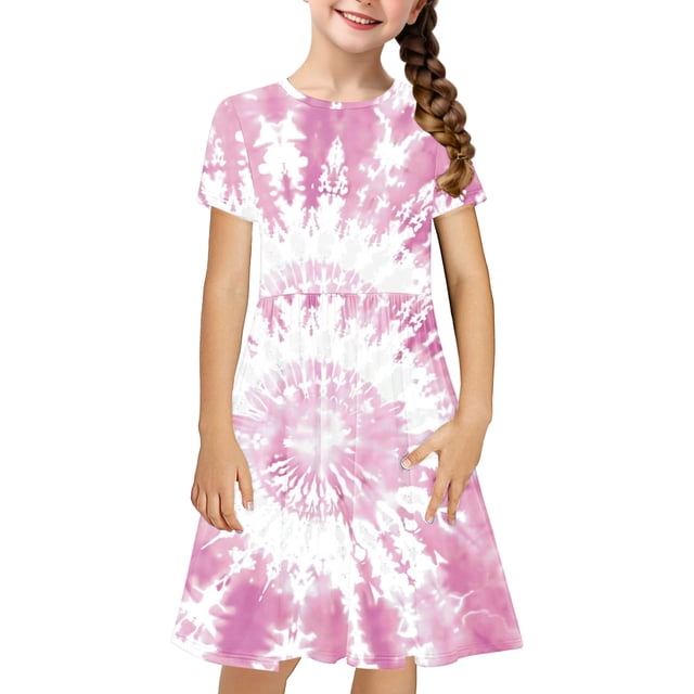 Robe Fille Été Patineuse Robe T-Shirt Teinture sur Nœuds Décontractée à Manches Courtes Robe Fluide pour Enfants 4-14 Ans