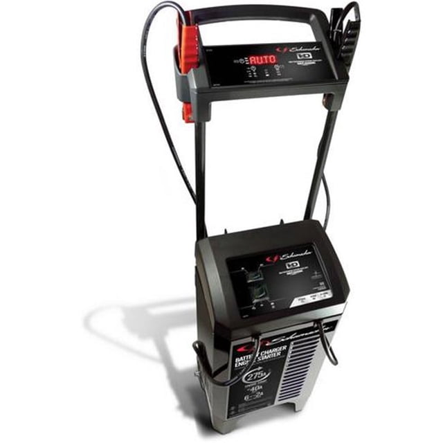 Schumacher SHM-SC1326 Wheel Charger avec Démarrage du Moteur, un Chargeur de Batterie de Voiture Multicolore Conçu pour les batteries standard, AGM, gel et à Cycle Profond. Caractéristiques Incluant un Système à Commande par Microprocesseur pour le Réglage Automatique de l'Ampérage, la Détection Automatique de la Tension et un Affichage Numérique à Défilement pour des instructions Pas à Pas. Offre un Démarrage du Moteur 275A 12V et 125A 6V, une Survolte de 40A et une charge de 6/2A