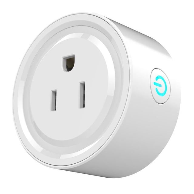 Smart Plug Wi-Fi to control your devices from anywhere, shown in a close-up angled view. The white cylindrical plug features a three-prong outlet and a blue illuminated power button on the side. It enables remote on/off, scheduling, and temperature-based control via smartphone app, compatible with Alexa and Google Home.