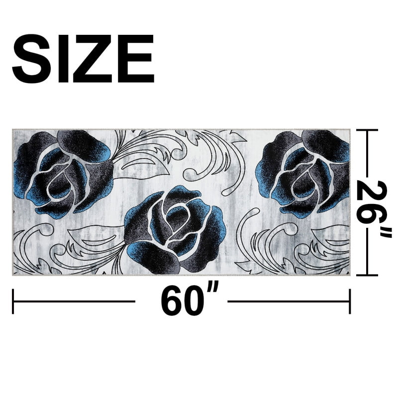 Marina Decoration Décor Tapis de Couloir de Luxe Antidérapant en Caoutchouc, Design Floral Rose Noir Bleu, 26 x 60 Pouces
