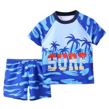 TBWNWG Boys Two Piece Swimsuit Set Swimwear with Tree Print Rash Guard Shirt and Trunks for Beach Pool,Sizes 5-6 Years