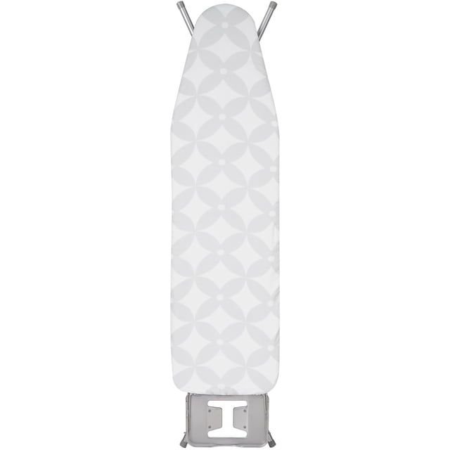 Mainstays Ironing Board Cover fitted on a standard ironing board with a white and light grey geometric pattern. It features elastic-bound edges, a fitted nose, and single-layer cotton padding with a water-resistant surface for smooth, durable ironing.