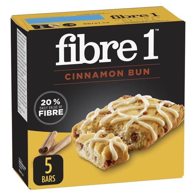 Fibre 1 Delights Cinnamon Bun flavour cereal bars box containing five soft baked bars with white icing drizzle and cinnamon pieces, providing 20% daily fibre per serving, suitable as a convenient snack for busy or active lifestyles.