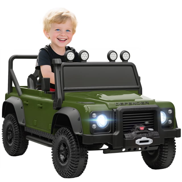 Qaba Camion pour Enfants sous Licence Land Rover, Jouet à Chevaucher 12 V en Vert Foncé. Cette Voiture Électrique à Chevaucher Présente un design Land Rover Defender 110 SVX Réaliste avec Doubles Portes, Phares DEL et Centre Multimédia avec Prise en Charge USB et MP3. Elle Comprend une Technologie Démarrage-Arrêt Fluide, une suspension à Quatre Roues et une Télécommande 2,4 g pour l'Orientation Parentale. Convient aux Enfants de 37 à 60 Mois, Elle a une Capacité de Charge de 66 Lb et