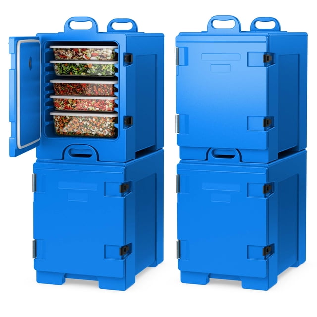 Costway 4 Pack End-Loading Insulated Food Pan Carrier in blue, designed to hold up to 5 food pans with an 81-quart capacity. Features a seamless double-walled shell with polyurethane insulation for maintaining hot or cold temperatures for up to 8 hours. Includes ergonomic handles, a 270-degree revolving door, and nylon latches for secure sealing. Suitable for canteens, restaurants, and events.