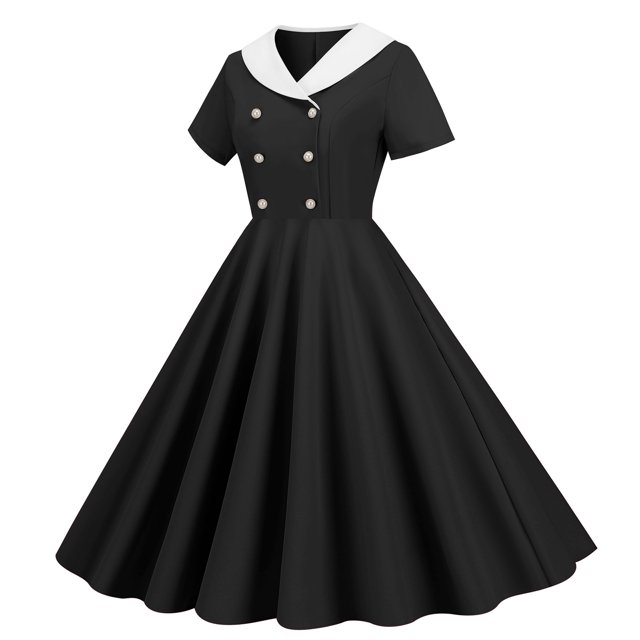 Robes d'Été pour Femmes Commerce Extérieur Col en V Manches Courtes Rétro Double Boutonnage Bouton Robe d'Été Noire L