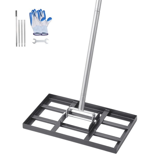 VEVOR 10x17in Lawn Leveling Rake with a 78in adjustable handle, featuring a durable black carbon steel base plate with a powder-coated finish and fully welded construction. The rake includes a 5-section handle with a non-slip rubber grip and a 180° rotating mechanism for comfortable use. The package contains gloves, a wrench, and an instruction manual for easy assembly. Suitable for leveling lawns, gardens, farms, and golf courses, and for spreading soil, sand, and compost.
